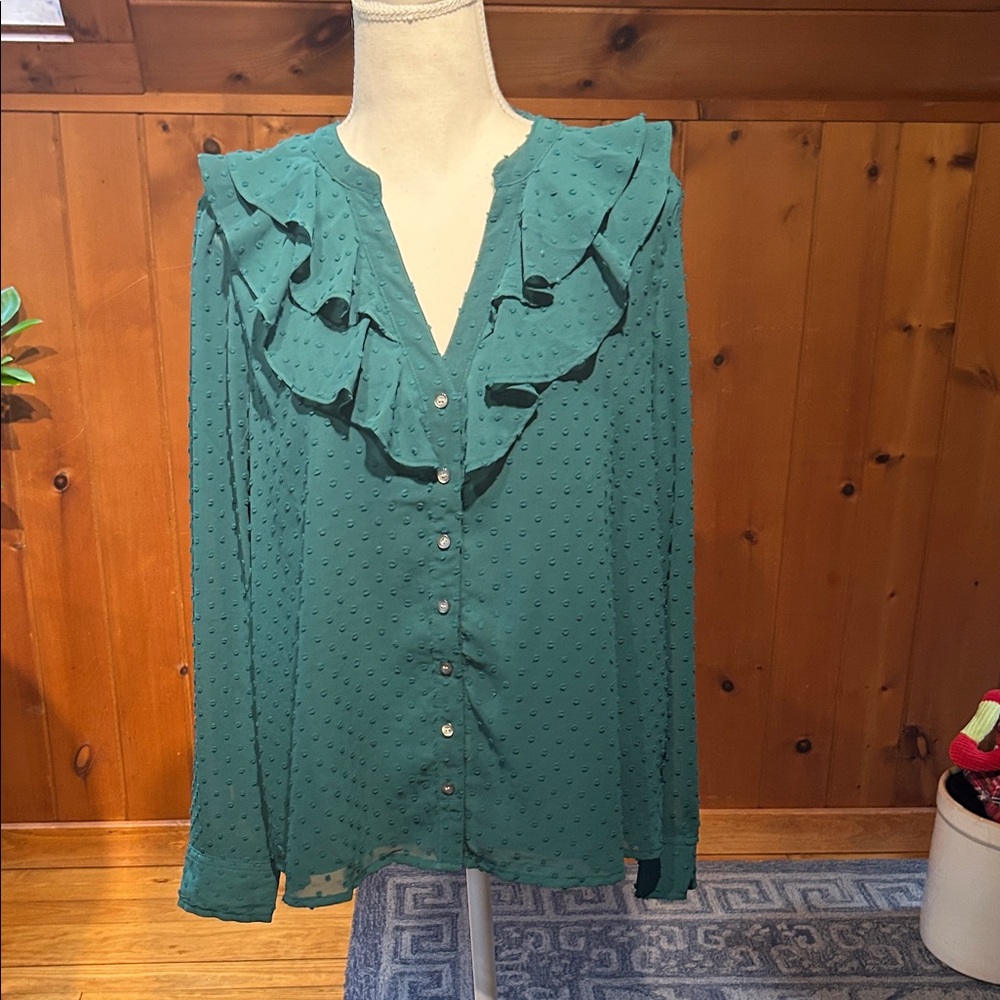J. Crew Teal Ruffle Button-Up Blouse